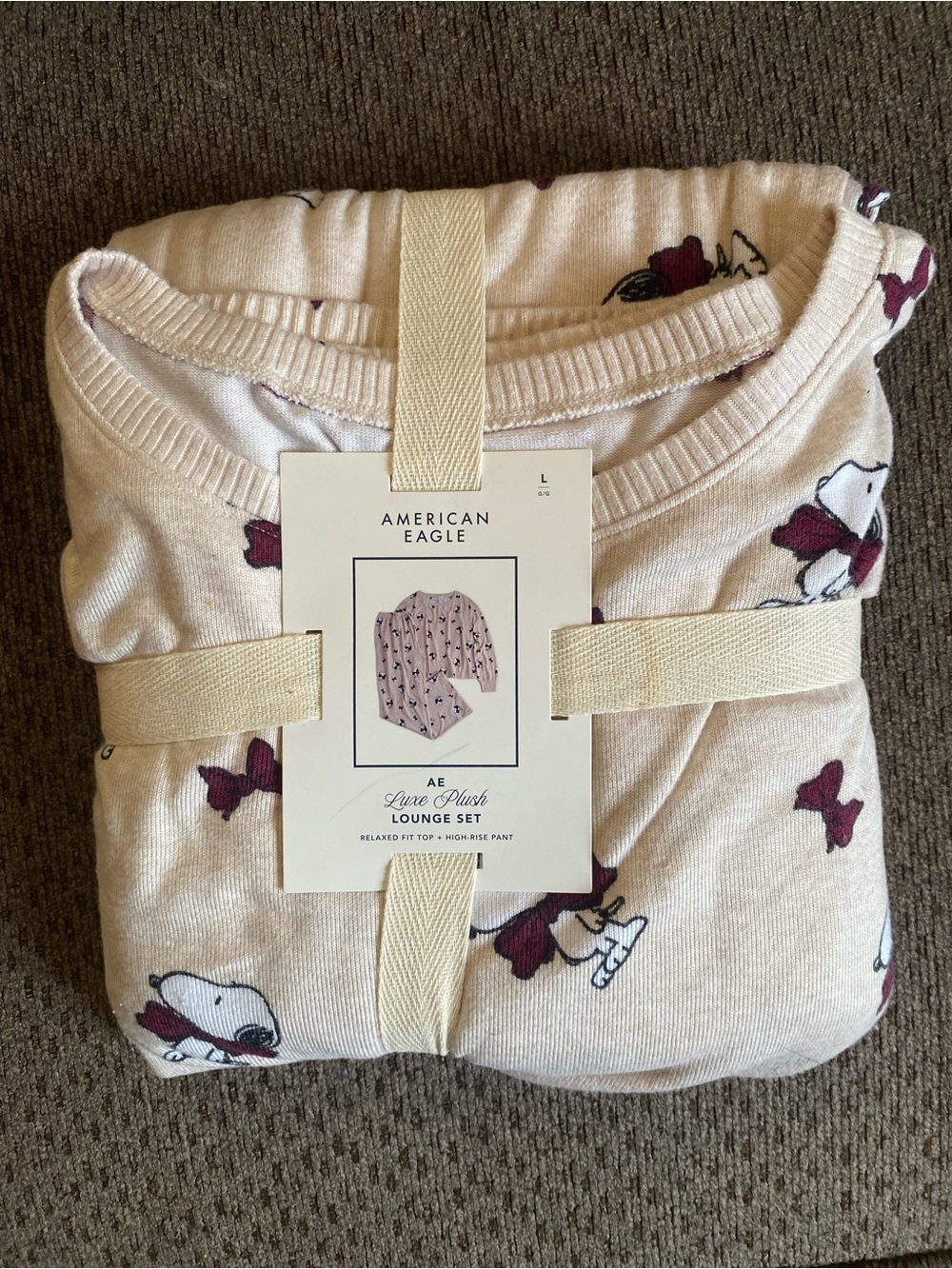NWT American Eagle AE Peanuts Snoopy Bow Luxe Plush Lounge Set Large 2 PC Pajama